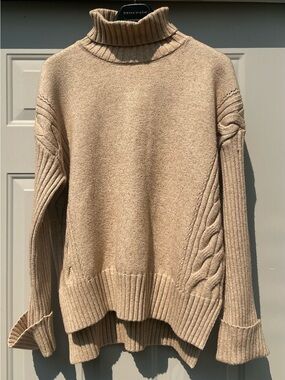 Entro Oversized Cable Knit Turtleneck Sweater Beige Boxy Cozy High Low Hem Large